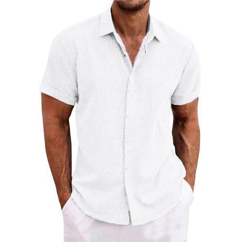 Leinenhemd Herren Kurzarm Leinen Button Down Hemd Regular Fit Sommer Strand Freizeithemden Shirt Herren,Weiss,3XL von Didadihu