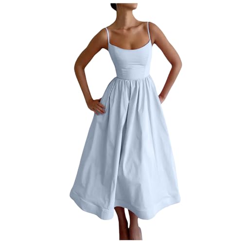 Midi Kleid Damen Spaghettiträger Rückenfrei Sommerkleid Sexy Langes A-Linie Strandkleid Vintage Tunika Kleid Partykleid,Blau,L von Didadihu