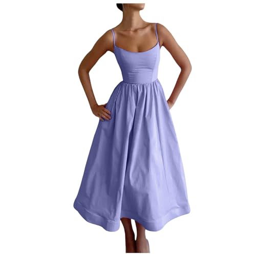 Midi Kleid Damen Spaghettiträger Rückenfrei Sommerkleid Sexy Langes A-Linie Strandkleid Vintage Tunika Kleid Partykleid,Lila,L von Didadihu