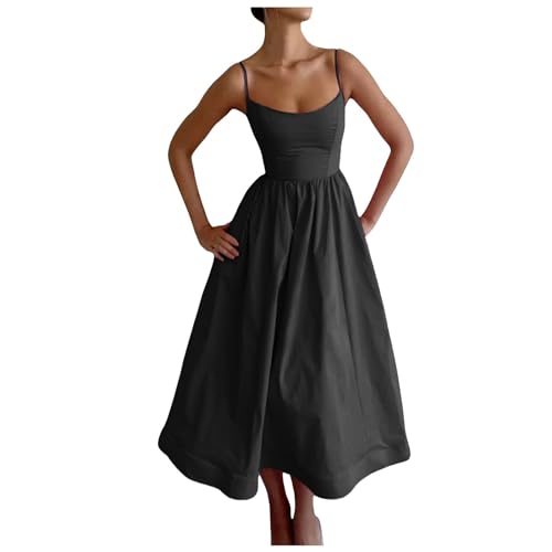 Midi Kleid Damen Spaghettiträger Rückenfrei Sommerkleid Sexy Langes A-Linie Strandkleid Vintage Tunika Kleid Partykleid,Schwarz,S von Didadihu