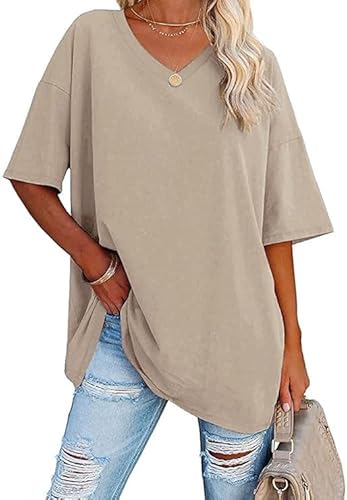 Oversize Basic T Shirt Damen Mit V-Ausschnitt Halbärmeliges T-Shirt Elegant Sommer Lockere Shirts Grosse Grössen Lang,# Khaki,XXL von Didadihu