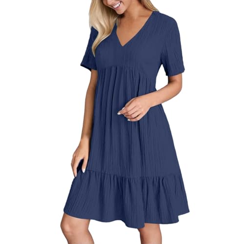 Sommerkleid Damen ärmellos V-Ausschnitt Geschnitten Kleid Locker A-Linie Strandkleid Frauen Leicht Luftig Knielang Strand Kleider Freizeitkleid für Urlaub,01 Marine,3XL von Didadihu