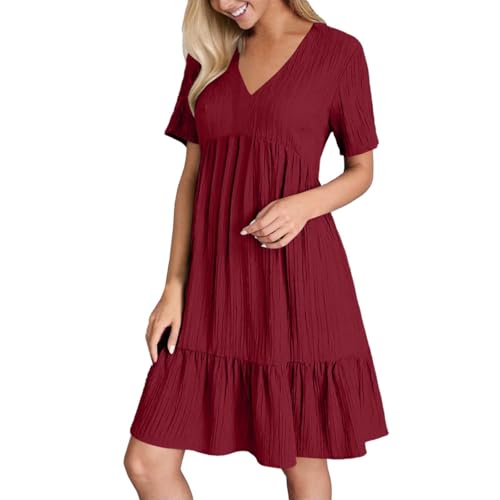 Sommerkleid Damen ärmellos V-Ausschnitt Geschnitten Kleid Locker A-Linie Strandkleid Frauen Leicht Luftig Knielang Strand Kleider Freizeitkleid für Urlaub,01 Rot,M von Didadihu