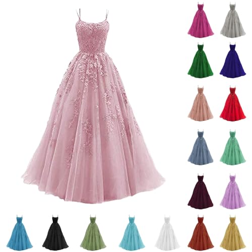 Tüll Ballkleid Damen mit Spaghettiträgern Lange Spitzenapplikationen Ballkleider A Linie formelle Party Abendkleider Damen,A Pink,XS von Didadihu