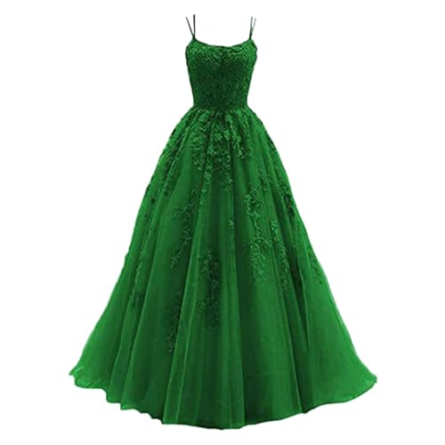 Tüll Ballkleid Damen mit Spaghettiträgern Lange Spitzenapplikationen Ballkleider A Linie formelle Party Abendkleider Damen,GN1,L von Didadihu