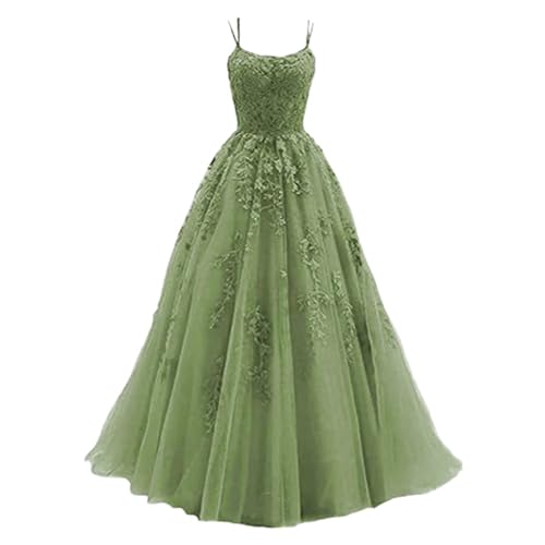 Tüll Ballkleid Damen mit Spaghettiträgern Lange Spitzenapplikationen Ballkleider A Linie formelle Party Abendkleider Damen,GN3,S von Didadihu