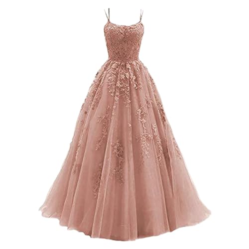 Tüll Ballkleid Damen mit Spaghettiträgern Lange Spitzenapplikationen Ballkleider A Linie formelle Party Abendkleider Damen,PK2,3XL von Didadihu