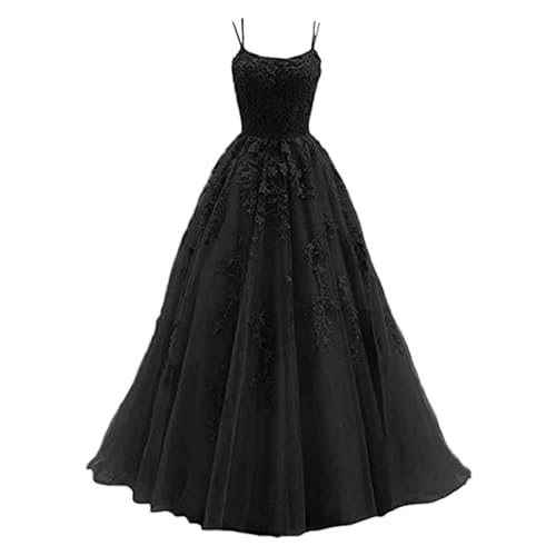 Tüll Ballkleid Damen mit Spaghettiträgern Lange Spitzenapplikationen Ballkleider A Linie formelle Party Abendkleider Damen,Schwarz,3XL von Didadihu