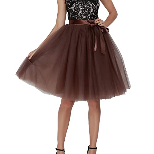 Tüllrock Damen Knielang Hohe Taille Unterrock Tütü Rock,Elastische A Line Petticoat Tüll Rock Crinoline Party Midirock Rockabilly Mit Schnürung,Braun,XL von Didadihu