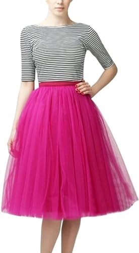 Tüllrock Damen Knielang Lang Pink Tütü Rock Elastische Hohe Taille Petticoat Midirock Karneval Kostüm Tüll Rock Crinoline Rockabilly,Pink,L von Didadihu