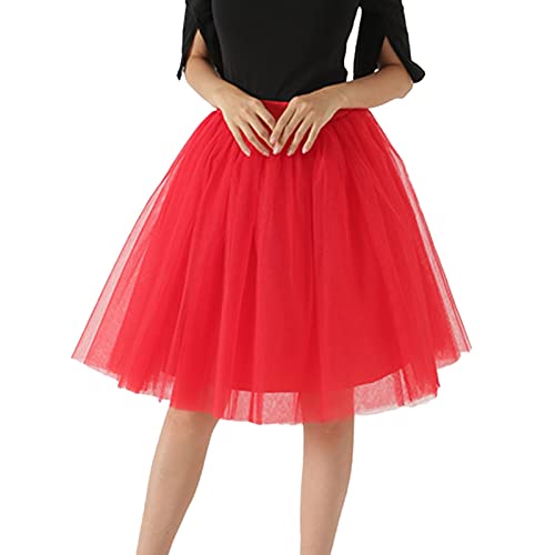 Tüllrock Damen Unterrock Tütü Rock Hohe Taille Elastische Petticoat Tüllrock Party Rockabilly Tüll Rock Midirock Crinoline,Rot,L von Didadihu