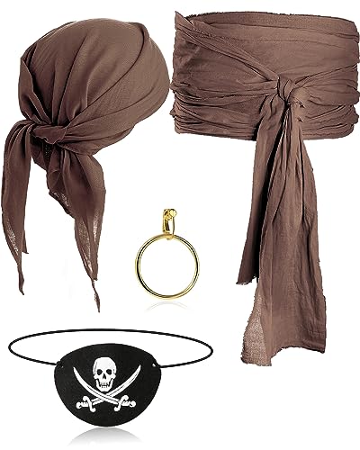 Didaey 5-teiliges Piratenkostüm-Zubehör-Set, Piraten-Augenklappe, große Schärpe, Stirnband, Halskette, Ohrring für Damen und Herren, Schokoladenbraun von Didaey