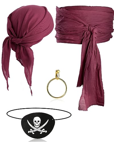Didaey 5-teiliges Piratenkostüm-Zubehör-Set, Piraten-Augenklappe, große Schärpe, Stirnband, Halskette, Ohrring für Damen und Herren (weinrot) von Didaey