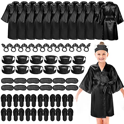 Didaey 60 Stück Spa Party Supplies für Mädchen Kinder Satin Kimono Robe Einweg Schaum Hausschuhe Augenmaske Spa Stirnband Schleife Haarband, Schwarz, 10 Yard von Didaey