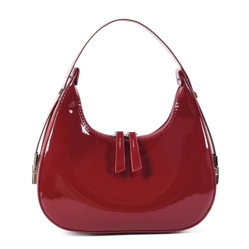 Didida Y2K Moon Bag Damen Halbmond Umhängetasche Retro Handtaschen Top Griff Lackleder Süß Kleine Unterarmtasche, Weinrot, Small von Didida