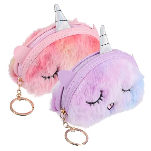 Didiseaon 2 Plüsch Einhorn Münzbeutel Kuscheliges Portemonnaie für Frauen Weicher Geldbeutel mit Reißverschluss Niedliche Kleine Münzbörse Vielseitig als Schlüsselanhänger und Tasche von Didiseaon