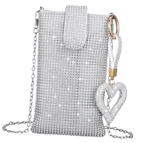 Didiseaon Silberne Damen Handytasche Umhängetasche Leicht und Kompakt mit Herz Schlüsselanhänger Strapazierfähiges Crossbody Bag für Alltag Shopping Reise von Didiseaon