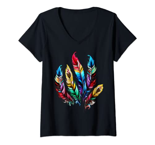 Damen Bunte Federn Boho Ethno Hippie Style Indianer Vogel Muster T-Shirt mit V-Ausschnitt von Die Besten Designs Trends & Neuheiten Born for Art
