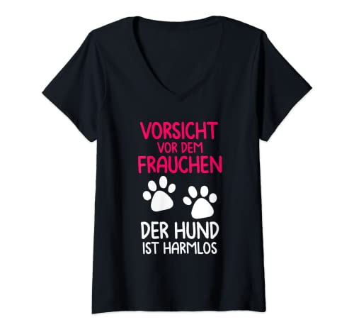 Damen Damen Vorsicht Vor Dem Frauchen Der Hund Ist Harmlos T-Shirt mit V-Ausschnitt von Die Besten Frauen Gassi Gehen Spruch T-Shirts