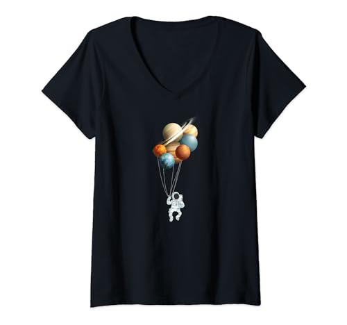 Damen Astronaut Planeten Ballons Weltall Astronomie Universum T-Shirt mit V-Ausschnitt von Die Besten Weltall Motive