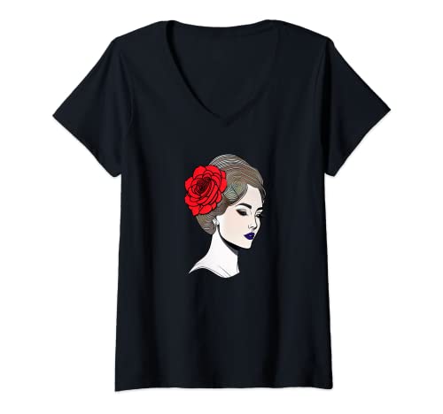 Damen Jugendstil, Kunst Frauenkopf mit Blume, Künstler Blüten T-Shirt mit V-Ausschnitt von Die Geschichte von Eleganz und Kunst Geschenk