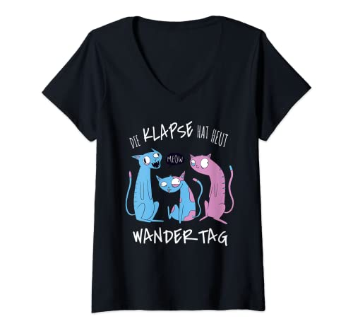 Damen Die Klapse Hat Heut Wandertag | Wandern JGA Katze T-Shirt mit V-Ausschnitt von Die Klapse Hat Heut Wandertag Sarkasmus Geschenke