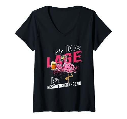 Damen Die Lage Ist Besäufniserregend Saufen Spruch Flamingo Bier T-Shirt mit V-Ausschnitt von Die Lage Ist Besäufniserregend Motiv Shop