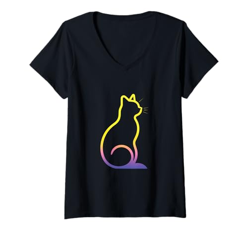 Damen Bunte süße Katze - Pfoten T-Shirt mit V-Ausschnitt Damen Bunte süße Katze - Pfoten T-Shirt mit V-Ausschnitt von KätzchenChic