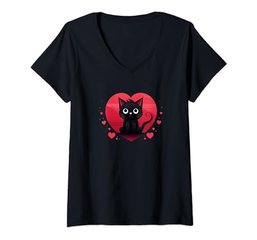Damen Schwarze Katze im roten Herzen - Design für Katzenliebhaber T-Shirt mit V-Ausschnitt Damen Schwarze Katze im roten Herzen - Design für Katzenliebhaber T-Shirt mit V-Ausschnitt von Les Lions2