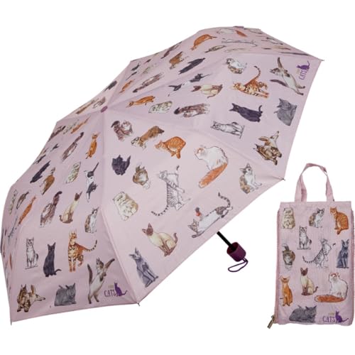 Die Spiegelburg Taschenschirm & Duo Bag I love Cats- robuster Regenschirm - Durchmesser ca. 98 cm - Länge ca. 55 cm - mit Einkaufstasche im Katzendesign - pinker Hintergrund von Die Spiegelburg