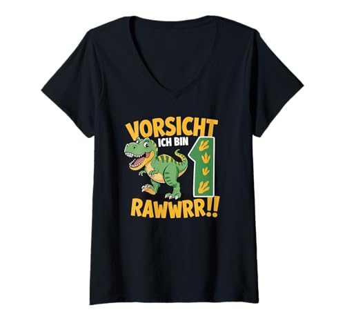 Damen Kinder 1 Jahre Dinosaurier Dino 1 Geburtstag ich Bin 1 Junge T-Shirt mit V-Ausschnitt von Die besten Dinosaurier Geburtstagsshirt Geschenke