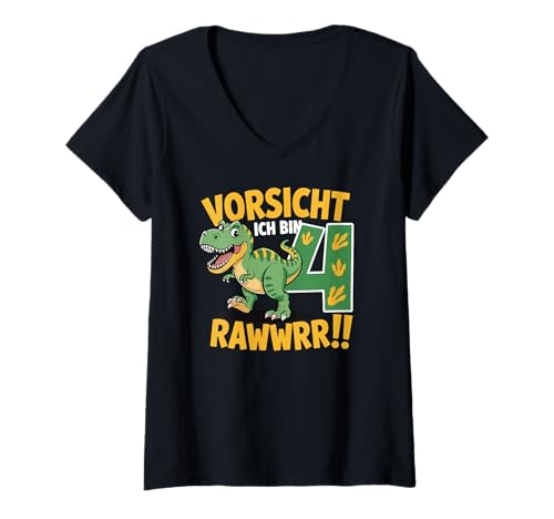 Damen Kinder 4 Jahre Dinosaurier Dino 4 Geburtstag ich Bin 4 Junge T-Shirt mit V-Ausschnitt von Die besten Dinosaurier Geburtstagsshirt Geschenke