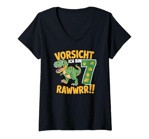 Damen Kinder 7 Jahre Dinosaurier Dino 7 Geburtstag ich Bin 7 Junge T-Shirt mit V-Ausschnitt von Die besten Dinosaurier Geburtstagsshirt Geschenke