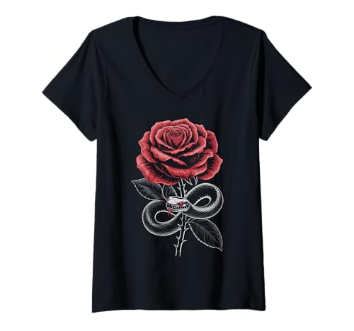 Damen Schlange Rose Lemniskate 8 Unendlichkeit Liebe Okkult Gothic T-Shirt mit V-Ausschnitt Damen Schlange Rose Lemniskate 8 Unendlichkeit Liebe Okkult Gothic T-Shirt mit V-Ausschnitt von Die unendliche 8 - Schlange Rose Okkultismus