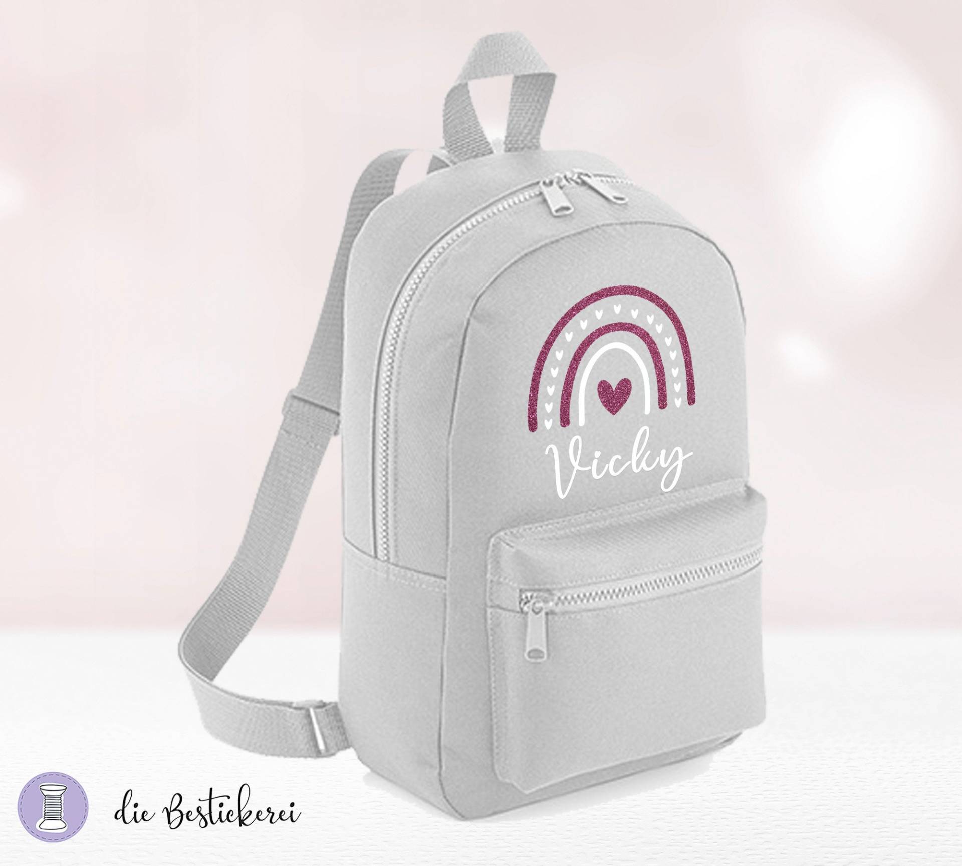 Kinderrucksack Grau Mit Regenbogen Glitzer | Kindergartenrucksack Kitarucksack Spielzeugtasche Personalisiert Name von DieBestickerei