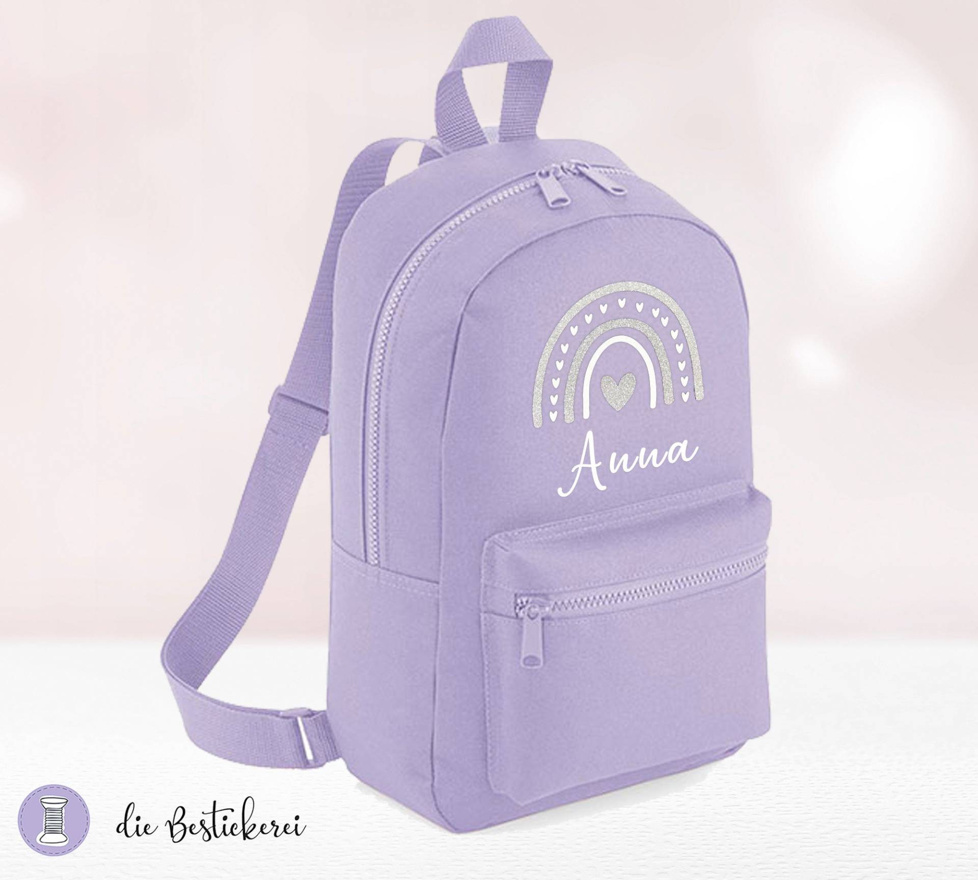 Kinderrucksack Lavendel Mit Regenbogen Glitzer | Kindergartenrucksack Kitarucksack Spielzeugtasche Personalisiert Name von DieBestickerei