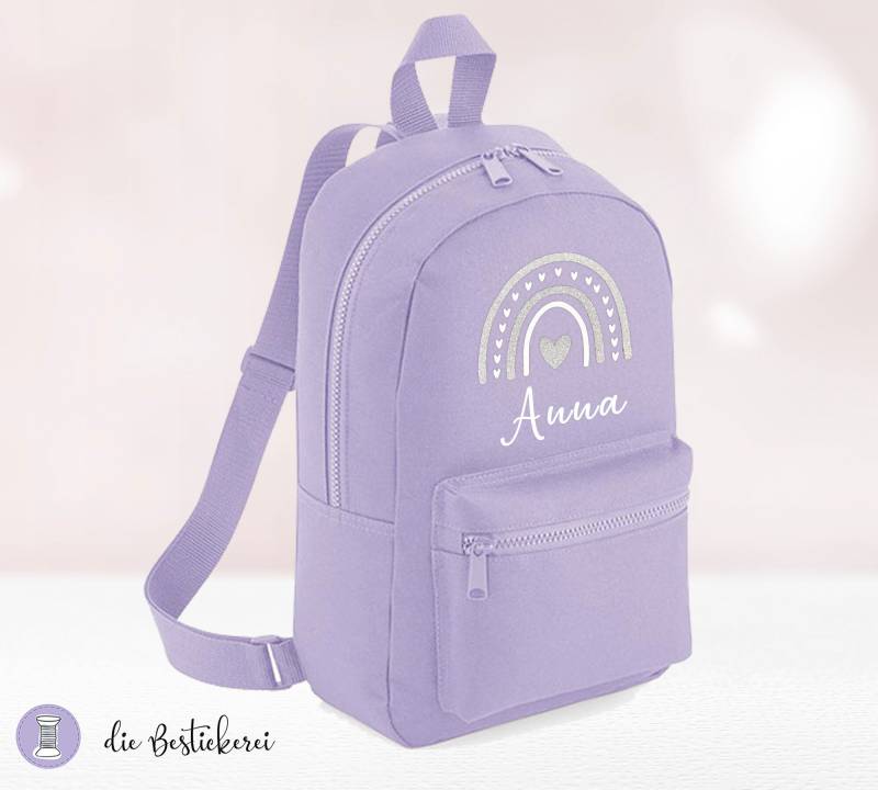 Kinderrucksack Lavendel Mit Regenbogen Glitzer | Kindergartenrucksack Kitarucksack Spielzeugtasche Personalisiert Name von DieBestickerei