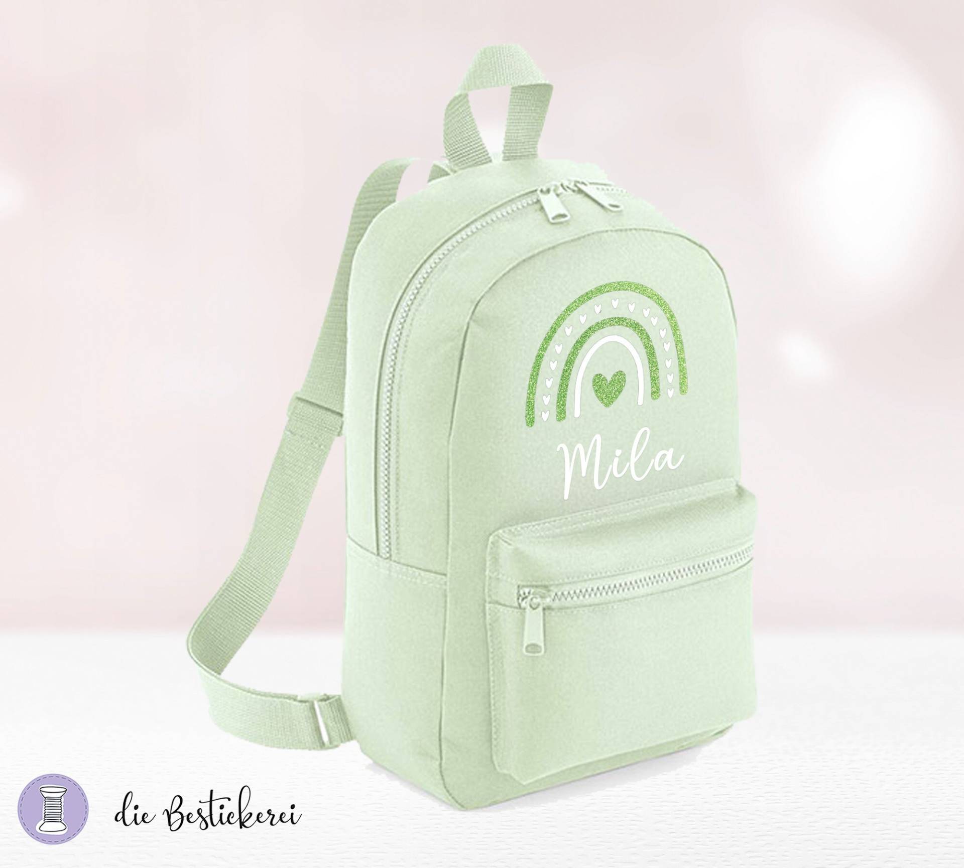 Kinderrucksack Pistazie Mit Regenbogen Glitzer | Kindergartenrucksack Kitarucksack Spielzeugtasche Personalisiert Name von DieBestickerei