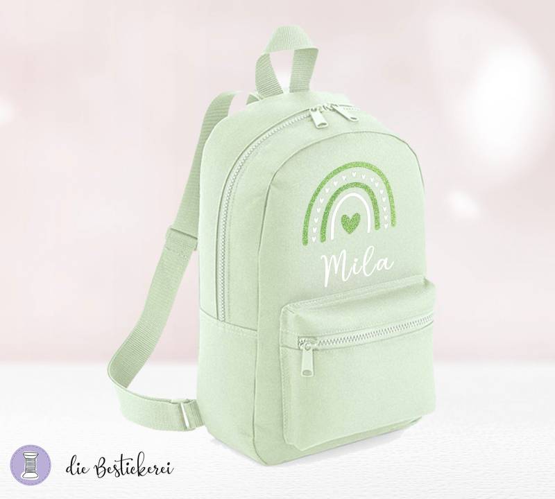 Kinderrucksack Pistazie Mit Regenbogen Glitzer | Kindergartenrucksack Kitarucksack Spielzeugtasche Personalisiert Name von DieBestickerei