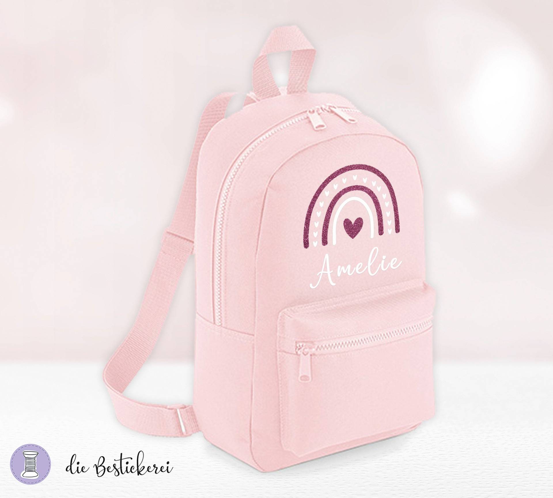 Kinderrucksack Rosa Mit Regenbogen Glitzer | Kindergartenrucksack Kitarucksack Spielzeugtasche Personalisiert Name von DieBestickerei