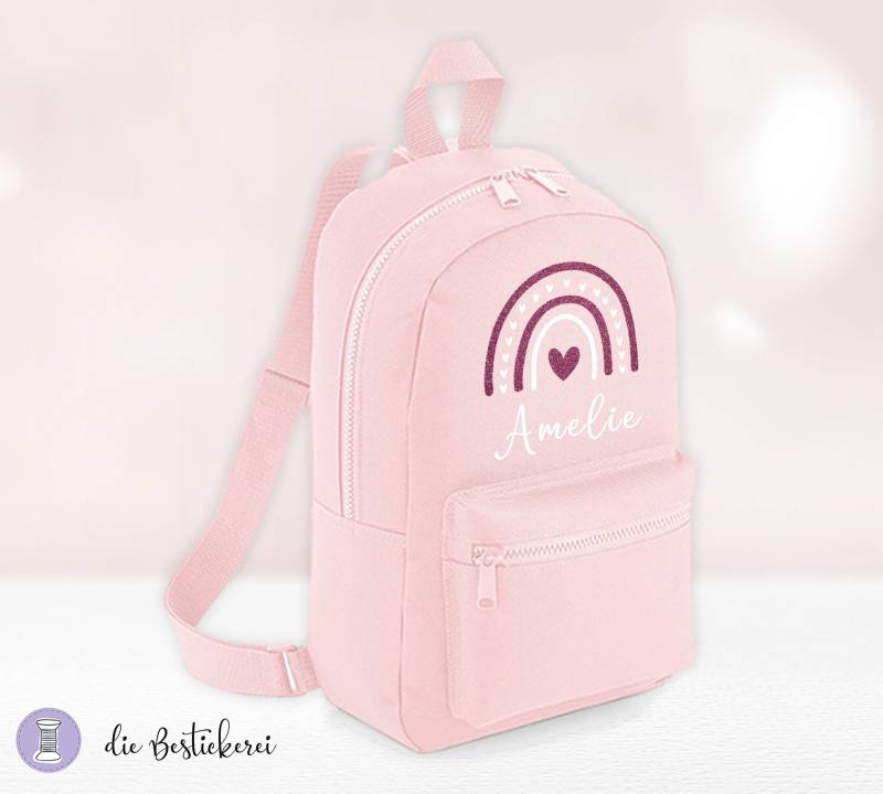 Kinderrucksack Rosa Mit Regenbogen Glitzer | Kindergartenrucksack Kitarucksack Spielzeugtasche Personalisiert Name von DieBestickerei