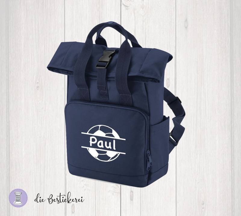 Mini Rolltop Rucksack Für Kinder | Kindergartenrucksack Kitarucksack Personalisiert Mit Name Fußball Recycling Aus Pet von DieBestickerei