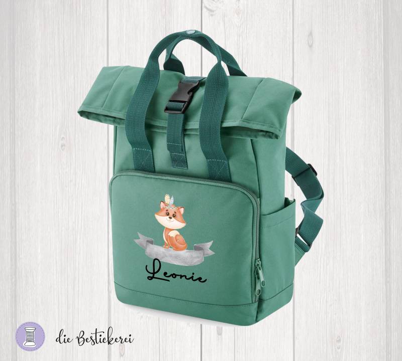 Mini Rolltop Rucksack Für Kinder in Sage Grün | Kindergartenrucksack Kitarucksack Personalisiert Mit Name Recycling von DieBestickerei