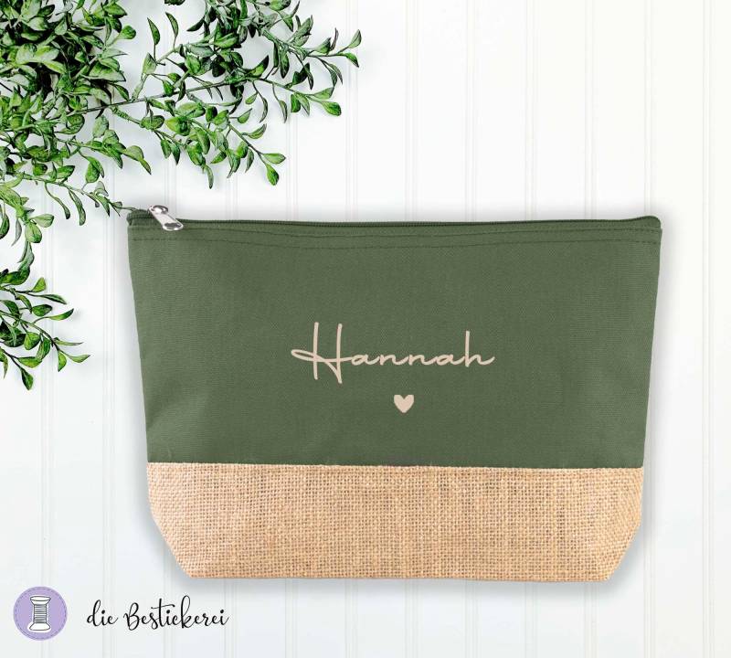 Personalisierte Kosmetiktasche Mit Juteboden, Make-Up Täschchen, Schminktasche Namen, Beauty Bag in 6 Farben von DieBestickerei