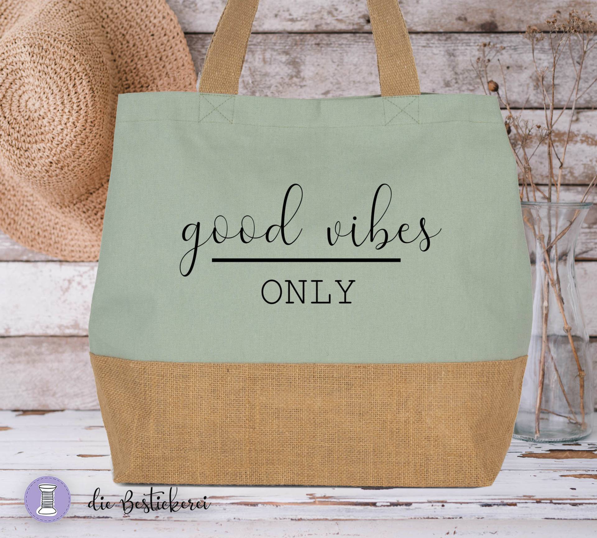 strandtasche Xl | Einkaufstasche Jutetasche Shopper in Hellgrün von DieBestickerei