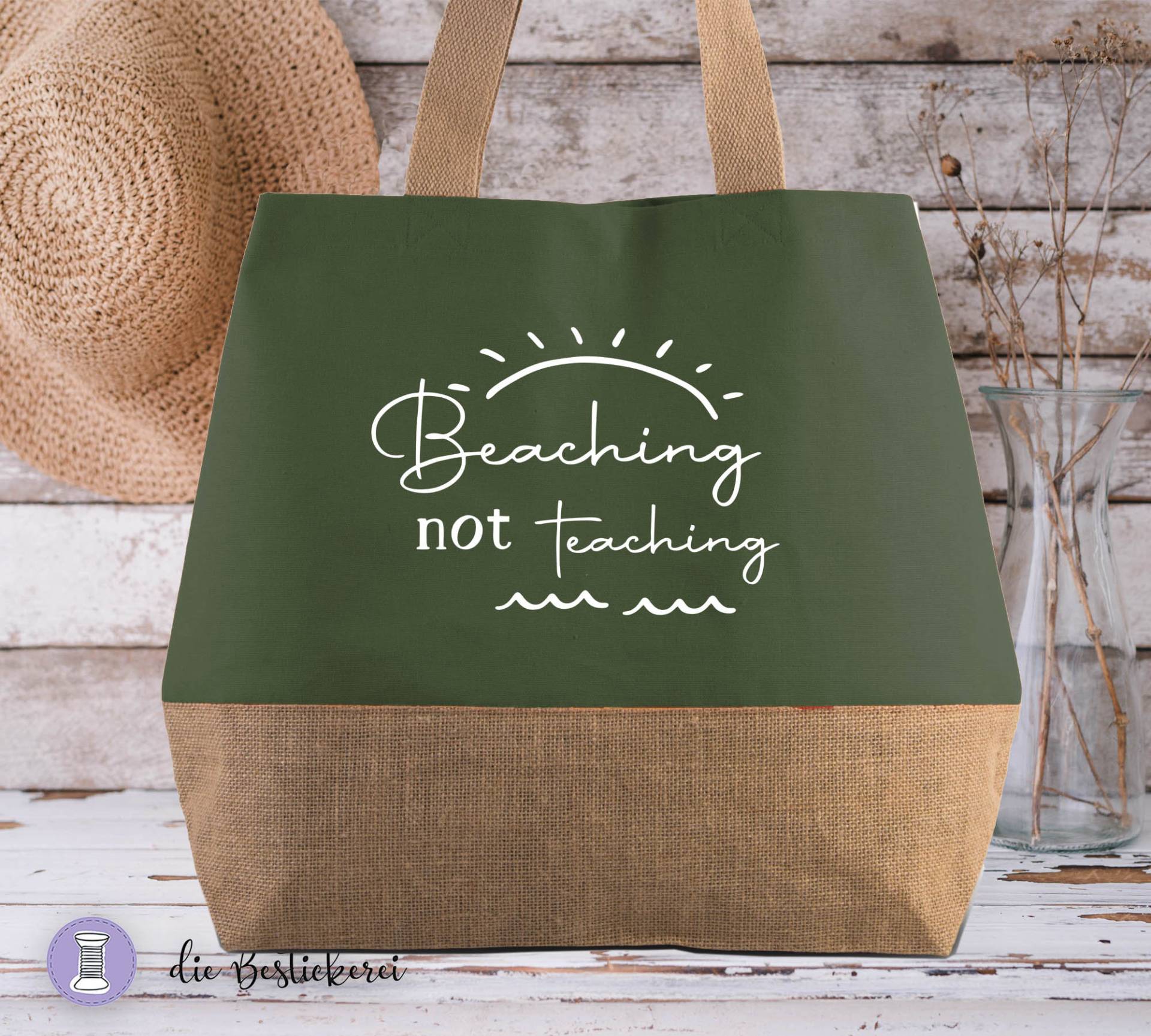 strandtasche Xl | Einkaufstasche Jutetasche Shopper in Olive von DieBestickerei