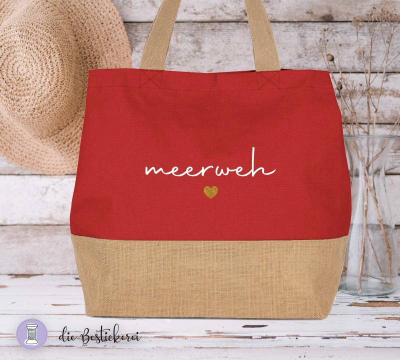 strandtasche Xl | Einkaufstasche Jutetasche Shopper in Rot von DieBestickerei