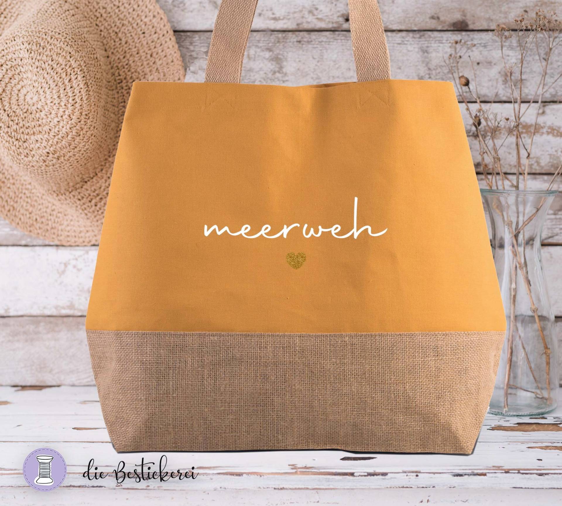 strandtasche Xl | Einkaufstasche Jutetasche Shopper in Sonnengelb von DieBestickerei