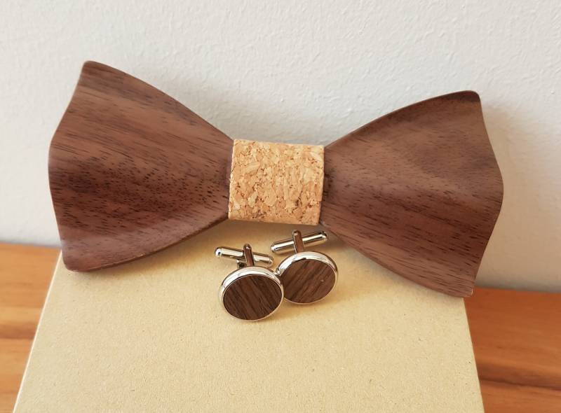 Holzfliege , Herren Set Holz Fliege Mit Manschettenknöpfe, 2-Er von DieSchatzkammer