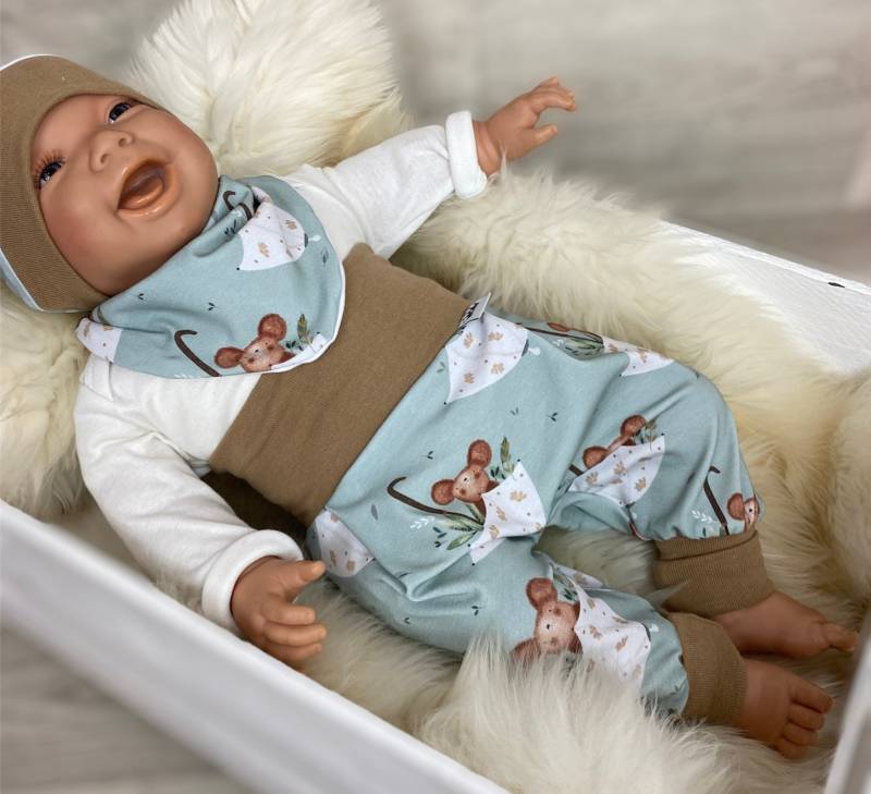Baby Set 56 62 68 74 Hose , Mütze Und Dreieckstuch Erstausstattung New Born Set, Mädchen Pumphose Maus Mint Halstuch von DieStoffprinzessin